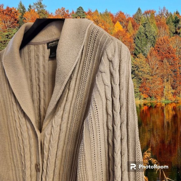 Women's Eddie Bauer Sweater SZXL Tan Cable Knit 4 Button Collared 3/4 Sleeves - Picture 2 of 6